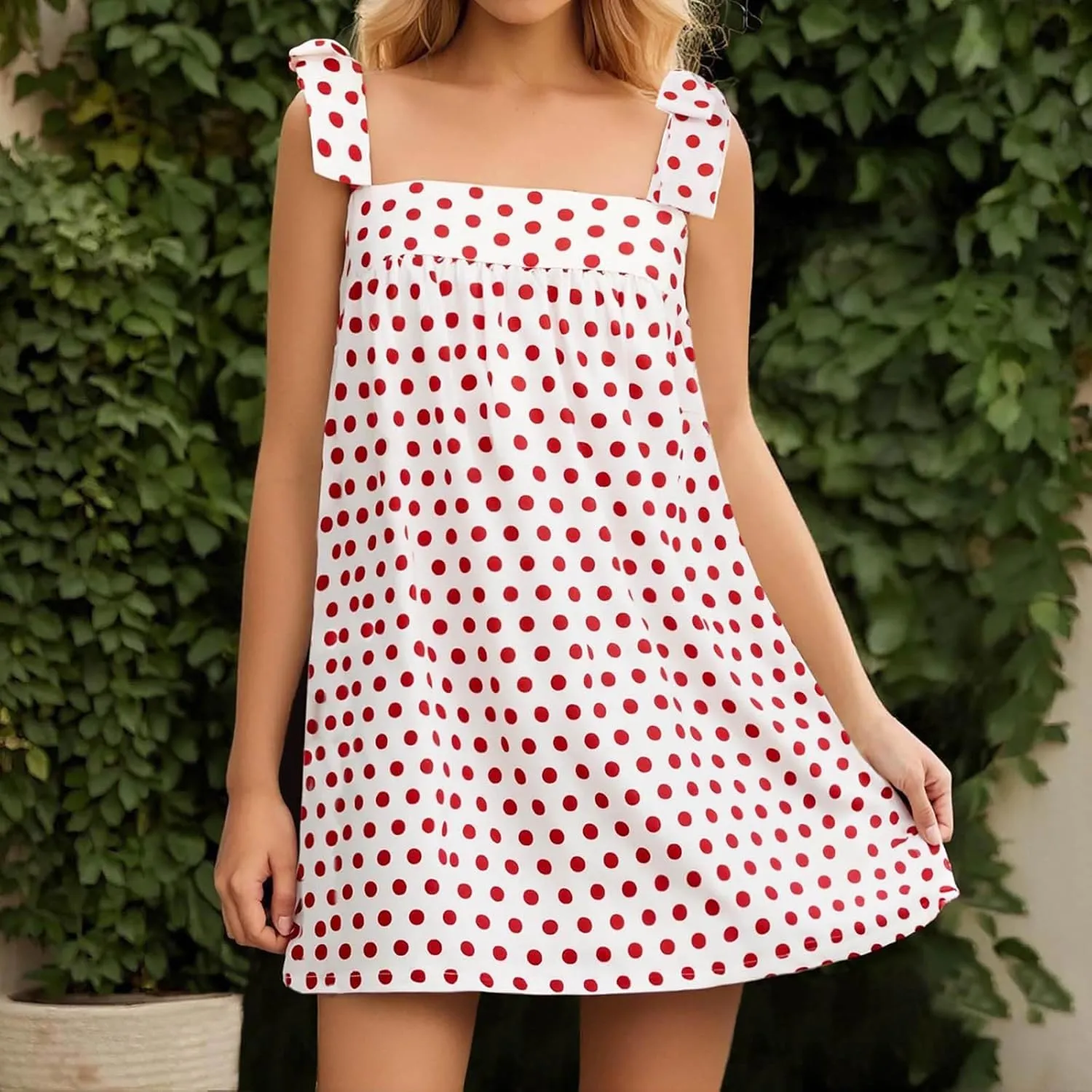 Tie Shoulder Mini Dress for Women Cute Polka Dot Square Neck Beach Short Dress Loose Fit Swing Vocation Sundress