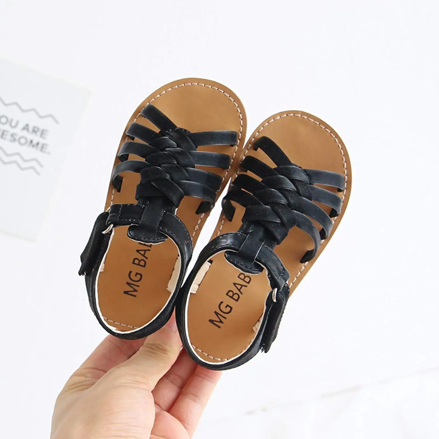 Toddler Baby Sandals Crossed Beach Shoes Children Girls Boys Leather Strap Girl's Wedges for Girls (Black, 3-3.5 Years)