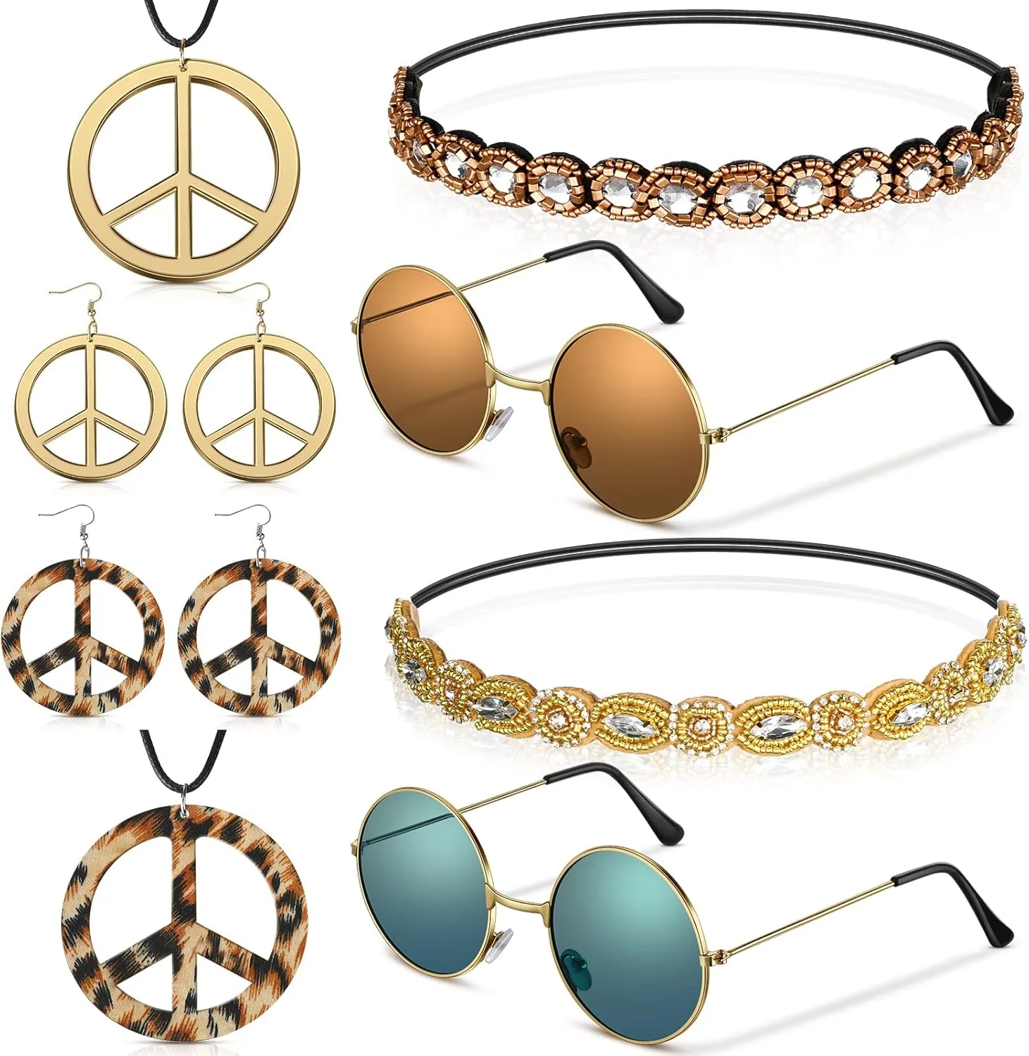 Tuanse 8 Pcs Hippie Costume Set Boho 70s 80s Outfits for Women Sunglasses Elastic Headband Peace Sign Necklace Earrings