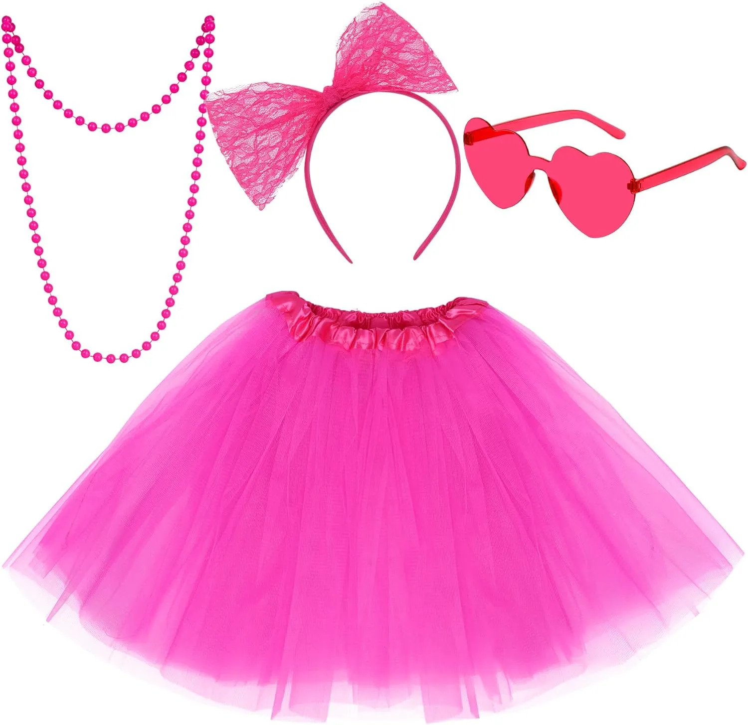 Tulle Tutu Skirt for Women Adults with Bow Headband, Beads Necklace, Heart Sunglasses, Colorful Party Favors