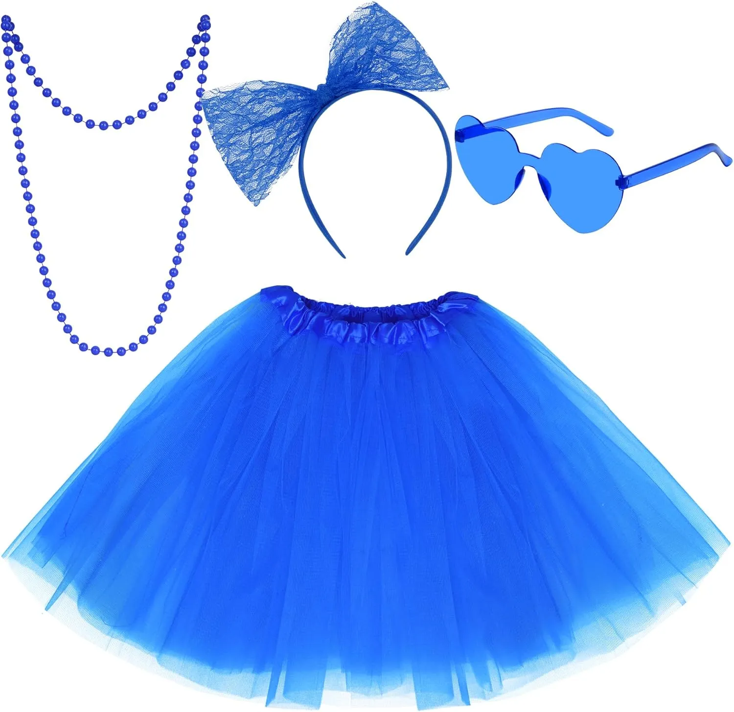 Tulle Tutu Skirt for Women Adults with Bow Headband, Beads Necklace, Heart Sunglasses, Colorful Party Favors