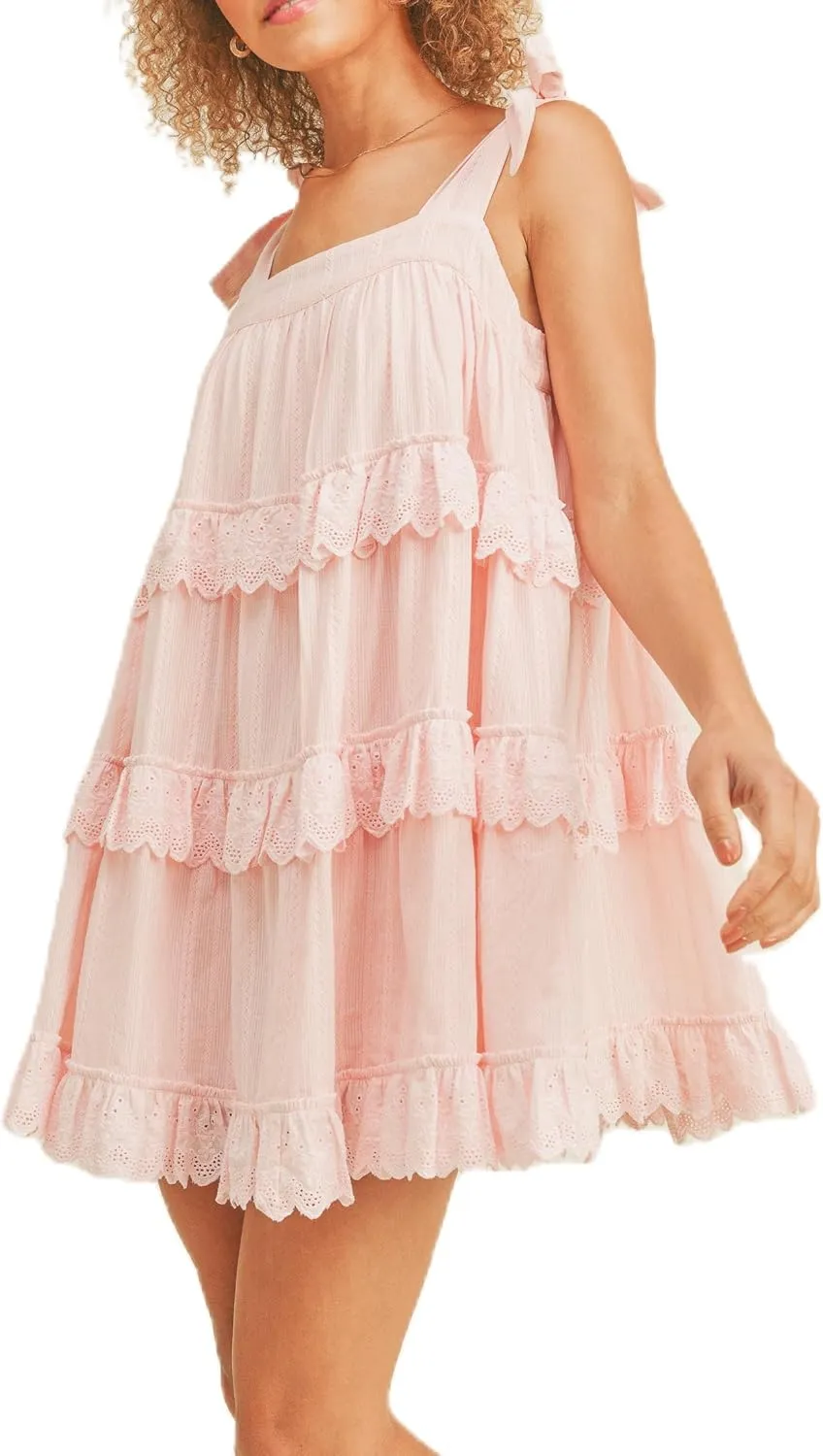 UAURORAO Women Tie Shoulder Ruffle Mini Dress Lace Trim Tiered Babydoll Dress Boho Floral Bow Strap Sundress
