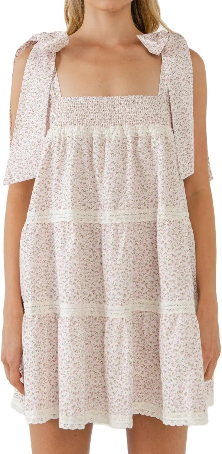 UAURORAO Women Tie Shoulder Ruffle Mini Dress Lace Trim Tiered Babydoll Dress Boho Floral Bow Strap Sundress