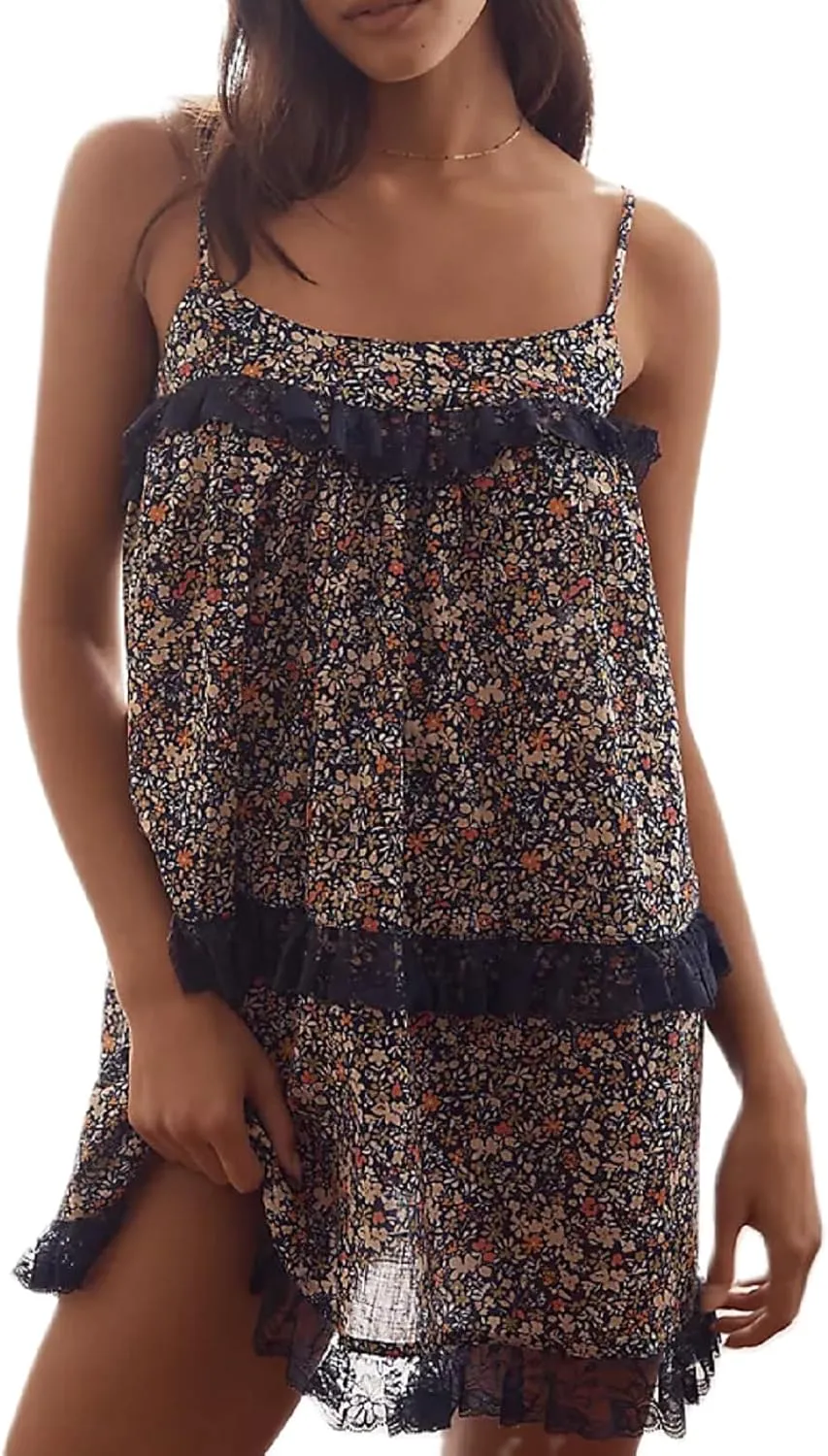 UAURORAO Women Tie Shoulder Ruffle Mini Dress Lace Trim Tiered Babydoll Dress Boho Floral Bow Strap Sundress