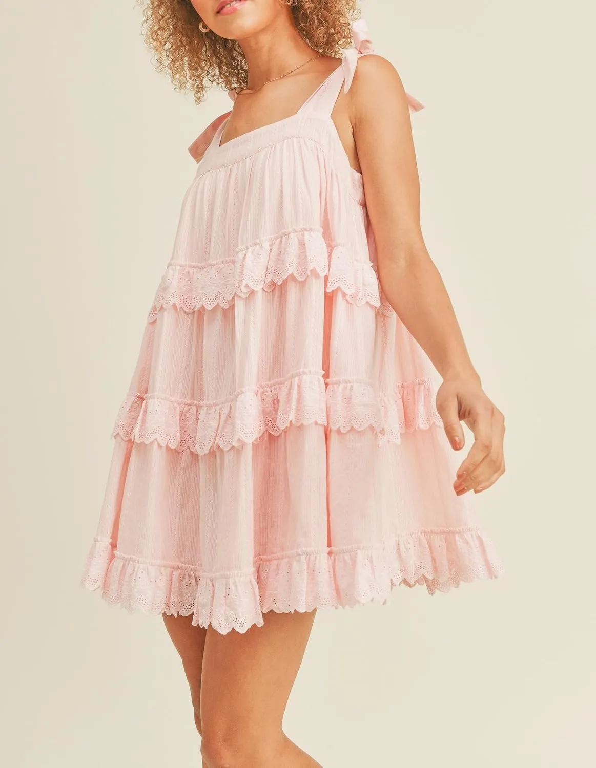 UAURORAO Women Tie Shoulder Ruffle Mini Dress Lace Trim Tiered Babydoll Dress Boho Floral Bow Strap Sundress