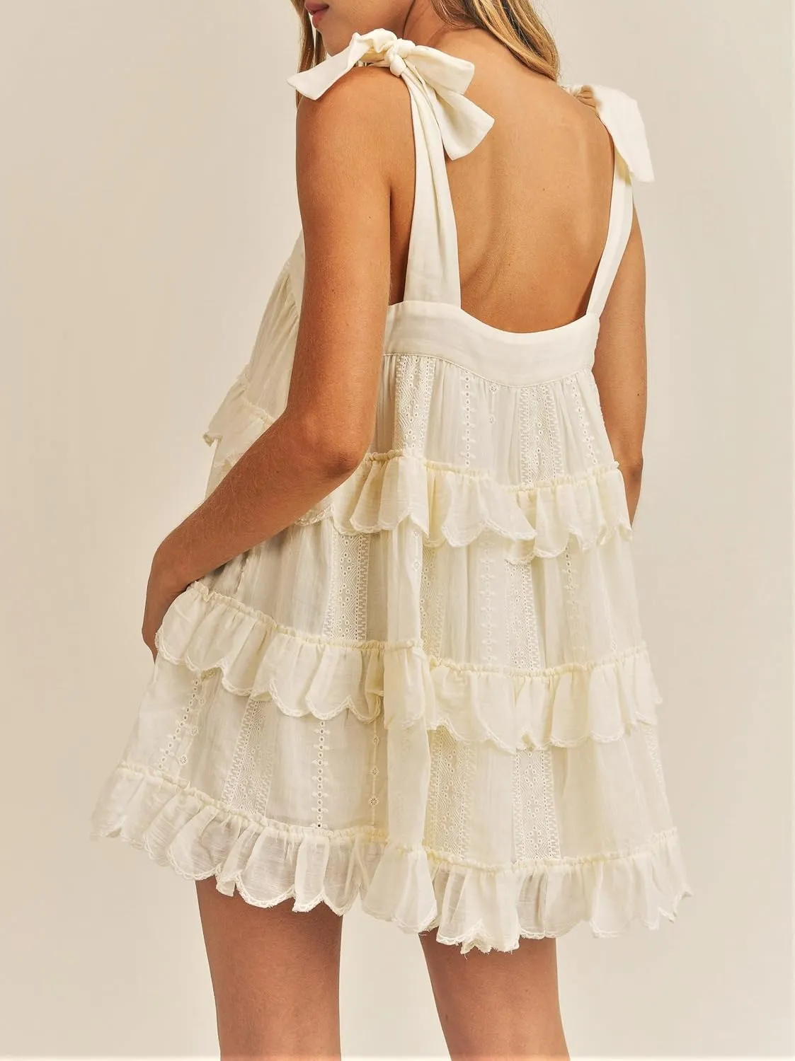 UAURORAO Women Tie Shoulder Ruffle Mini Dress Lace Trim Tiered Babydoll Dress Boho Floral Bow Strap Sundress