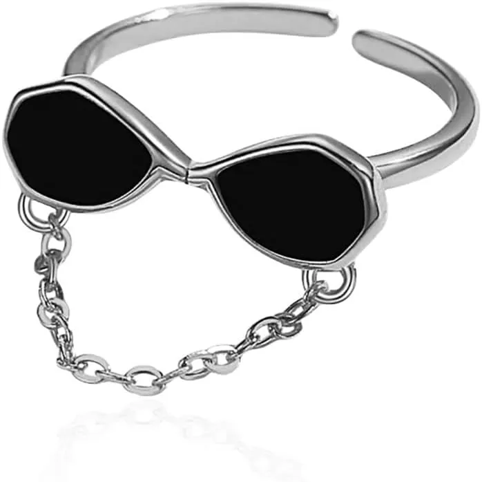 Unique Sunglasses Chain Open Stacking Knuckle Finger Ring for Women Girls Adjustable Black Enamel Eyeglasses Link Tassel Dangling Thin Rings Comfort Fit Statement Bands Fashion Jewelry Gifts Wedding