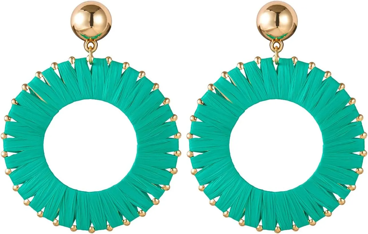 Viva Joya Boho Raffia Round Drop Dangle Earrings for Women, Beach Statement Lightweight Handmade Woven Jewelry