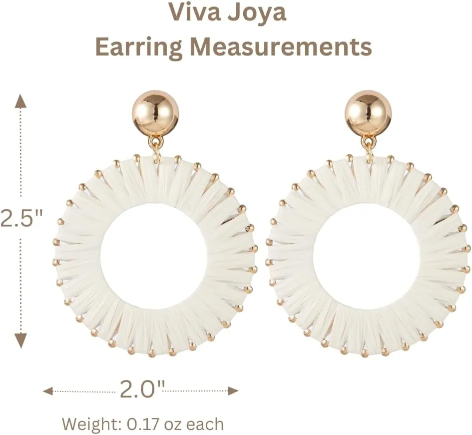 Viva Joya Boho Raffia Round Drop Dangle Earrings for Women, Beach Statement Lightweight Handmade Woven Jewelry