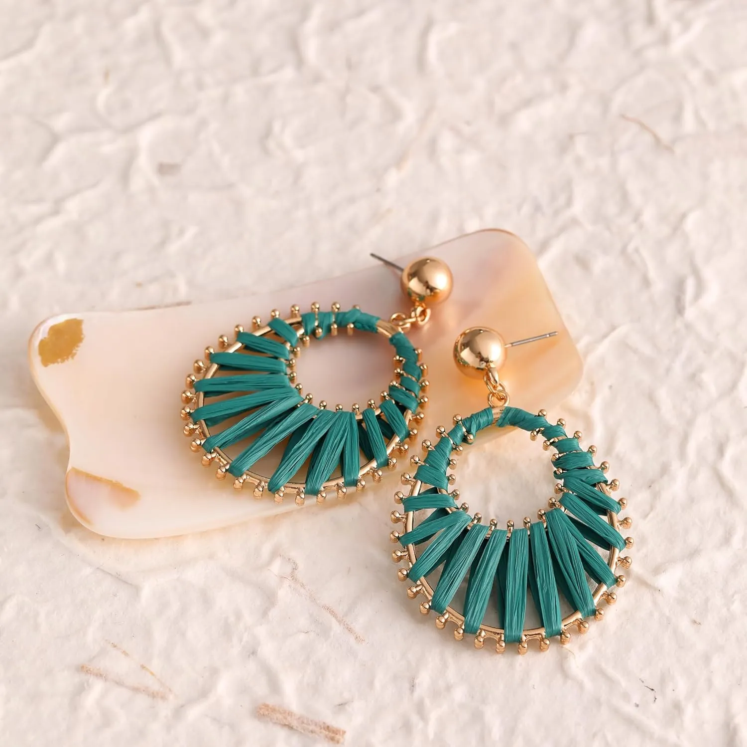Viva Joya Boho Raffia Teardrop Earrings for Women, Large Statement Drop Dangle Earrings for Prom, Aesthetic Fashion Trendy Jewelry, Handmade Woven Beach Bridal Shower Earrings