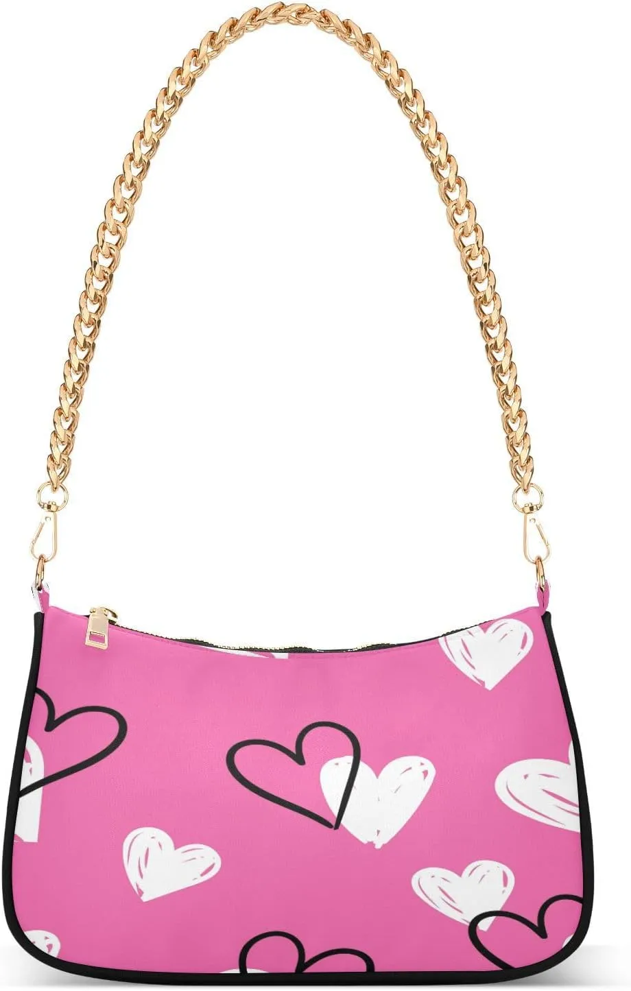 Wedding Valentine Pink Hearts Womens Shoulder Bag for Women Girls Hobo Tote Handbag Gold Chain Crossbody Bag with Zipper Clutch Purse Handbags