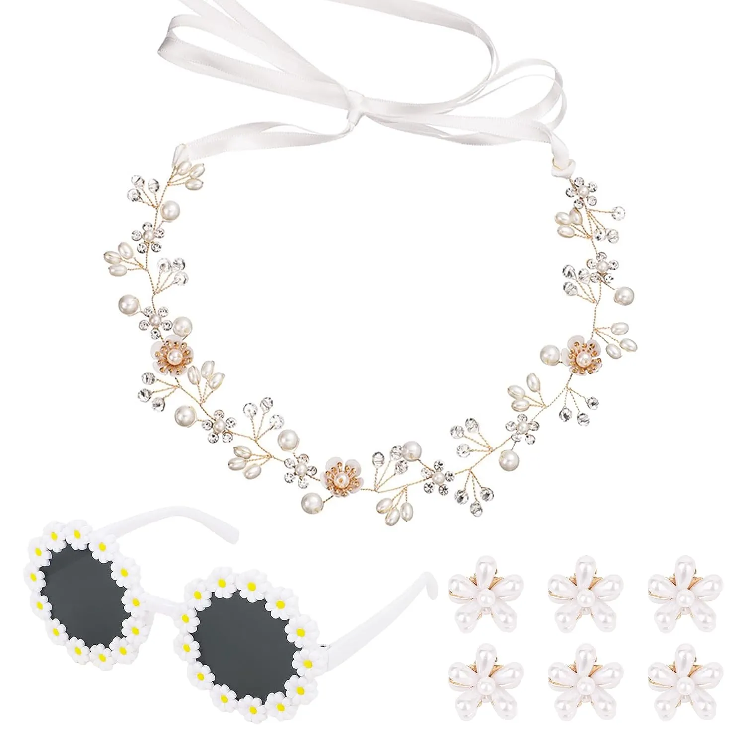 WHAVEL Flower Girl Proposal 8 PCS Flower Girl Hair Accessory, Including Pearl Headpiece, Daisy Sunglasses, Floral Claw Clips for Wedding