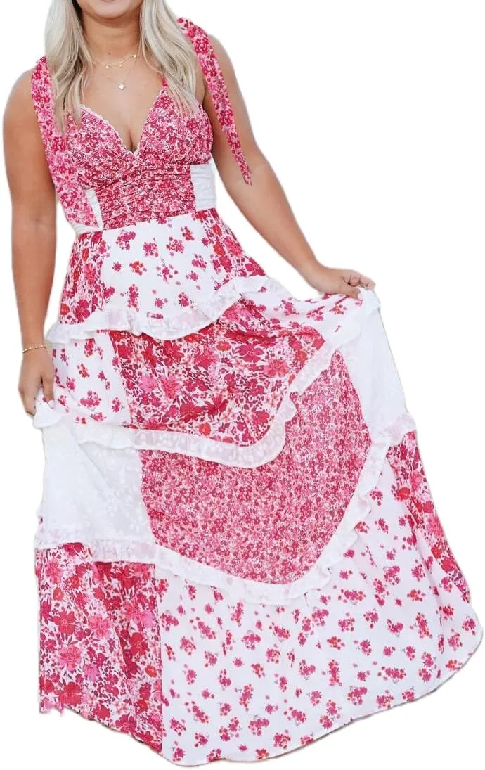 Women Bow Tie Shoulder Boho Maxi Dress Y2k Sleeveless Floral Flowy Long Dresses Smocked Swing Summer Beach Sundress