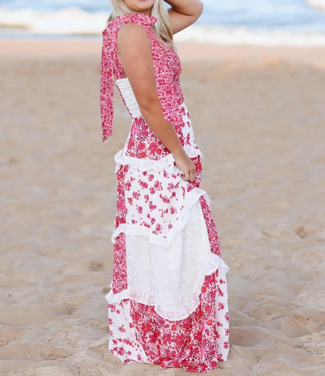 Women Bow Tie Shoulder Boho Maxi Dress Y2k Sleeveless Floral Flowy Long Dresses Smocked Swing Summer Beach Sundress