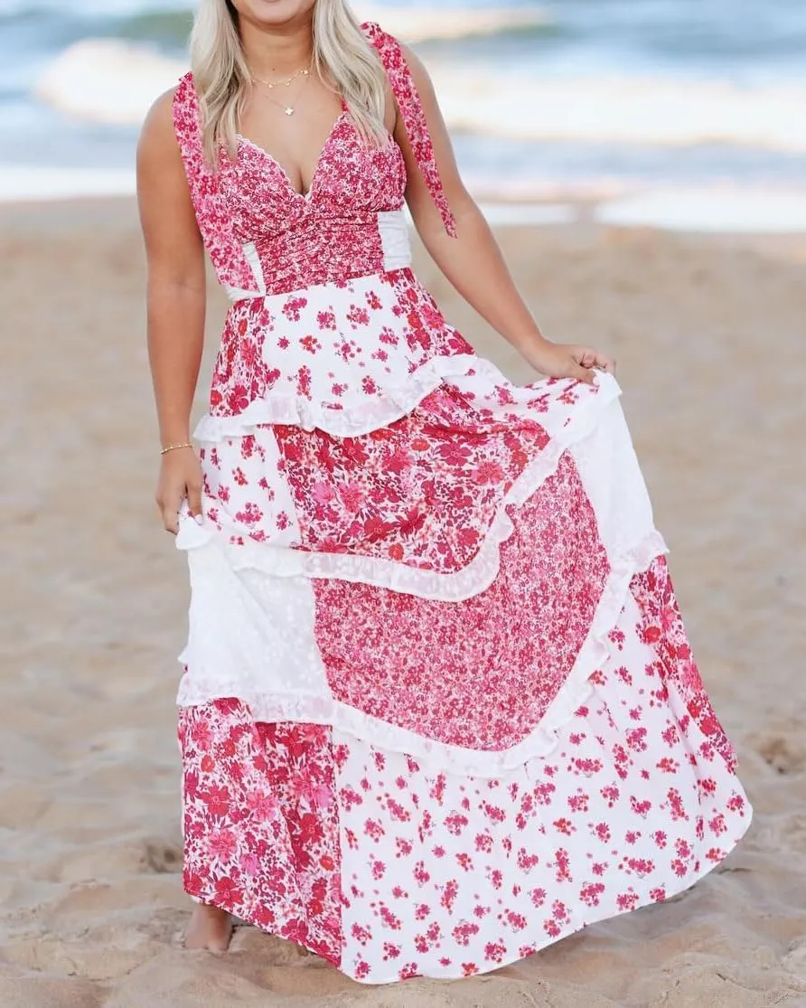 Women Bow Tie Shoulder Boho Maxi Dress Y2k Sleeveless Floral Flowy Long Dresses Smocked Swing Summer Beach Sundress