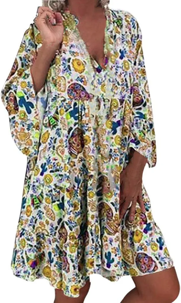 Women Casual Summer Sundress Midi Boho Floral Print Dresses Pretty Long Sleeve V Neck Smocked Ruffle Blouse Dress