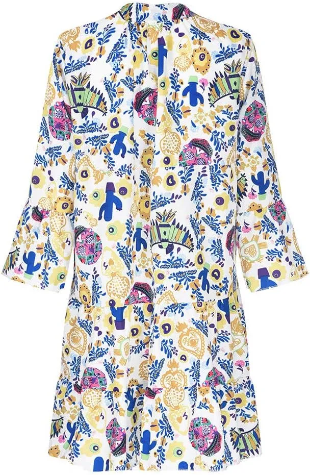 Women Casual Summer Sundress Midi Boho Floral Print Dresses Pretty Long Sleeve V Neck Smocked Ruffle Blouse Dress