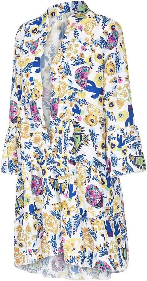 Women Casual Summer Sundress Midi Boho Floral Print Dresses Pretty Long Sleeve V Neck Smocked Ruffle Blouse Dress