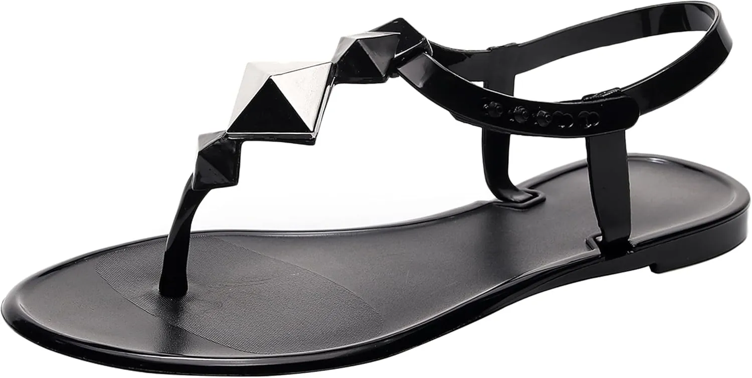 Women Sandals Studded Flip Flops Thong Jelly Shoes Adjustable T-Strap Jellies Flats Clear Dress Slipper Summer Beach Pool Slides Slip On Quick Dry Soft