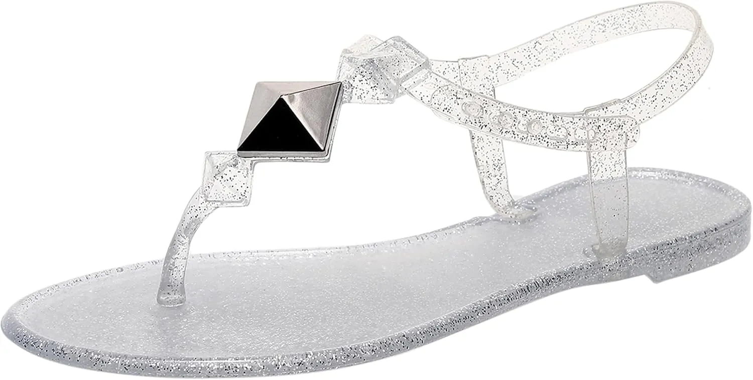 Women Sandals Studded Flip Flops Thong Jelly Shoes Adjustable T-Strap Jellies Flats Clear Dress Slipper Summer Beach Pool Slides Slip On Quick Dry Soft