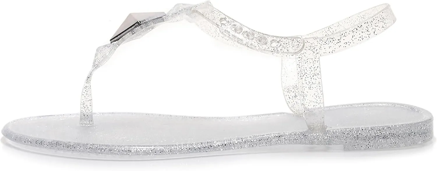 Women Sandals Studded Flip Flops Thong Jelly Shoes Adjustable T-Strap Jellies Flats Clear Dress Slipper Summer Beach Pool Slides Slip On Quick Dry Soft