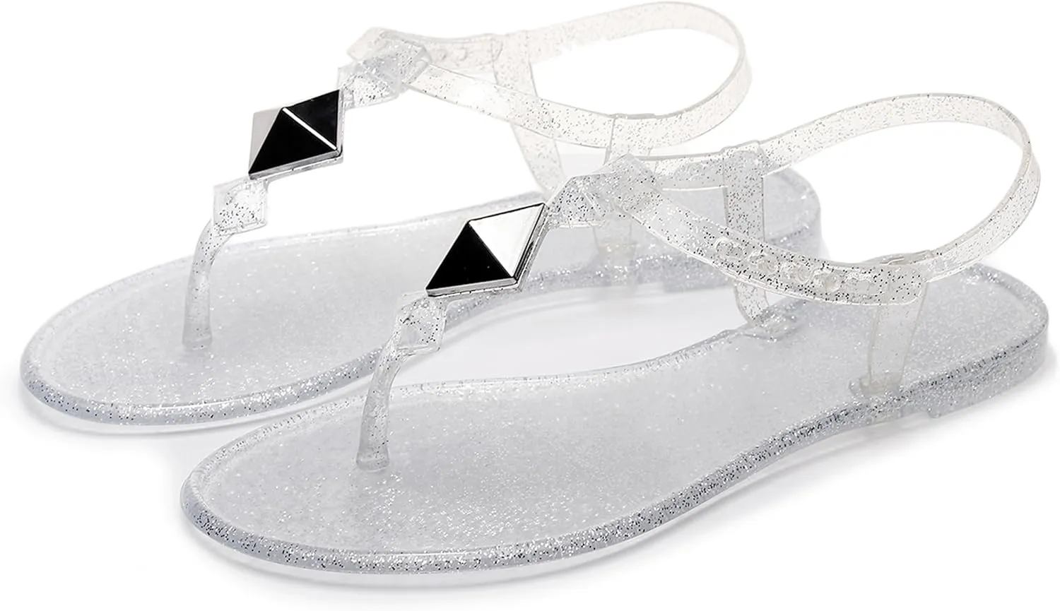 Women Sandals Studded Flip Flops Thong Jelly Shoes Adjustable T-Strap Jellies Flats Clear Dress Slipper Summer Beach Pool Slides Slip On Quick Dry Soft