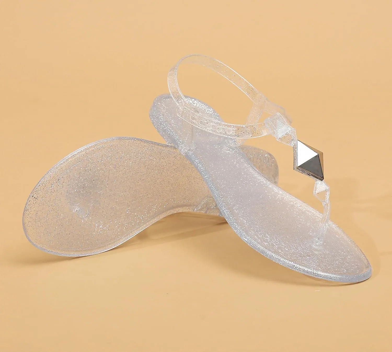 Women Sandals Studded Flip Flops Thong Jelly Shoes Adjustable T-Strap Jellies Flats Clear Dress Slipper Summer Beach Pool Slides Slip On Quick Dry Soft