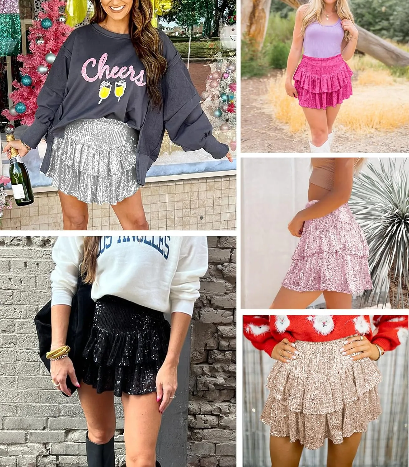 Women Sequin Skirt Sparkly Cute High Waist Ruffle Flowy Shiny Glitter Mini Short Skirts Night Out Club Party