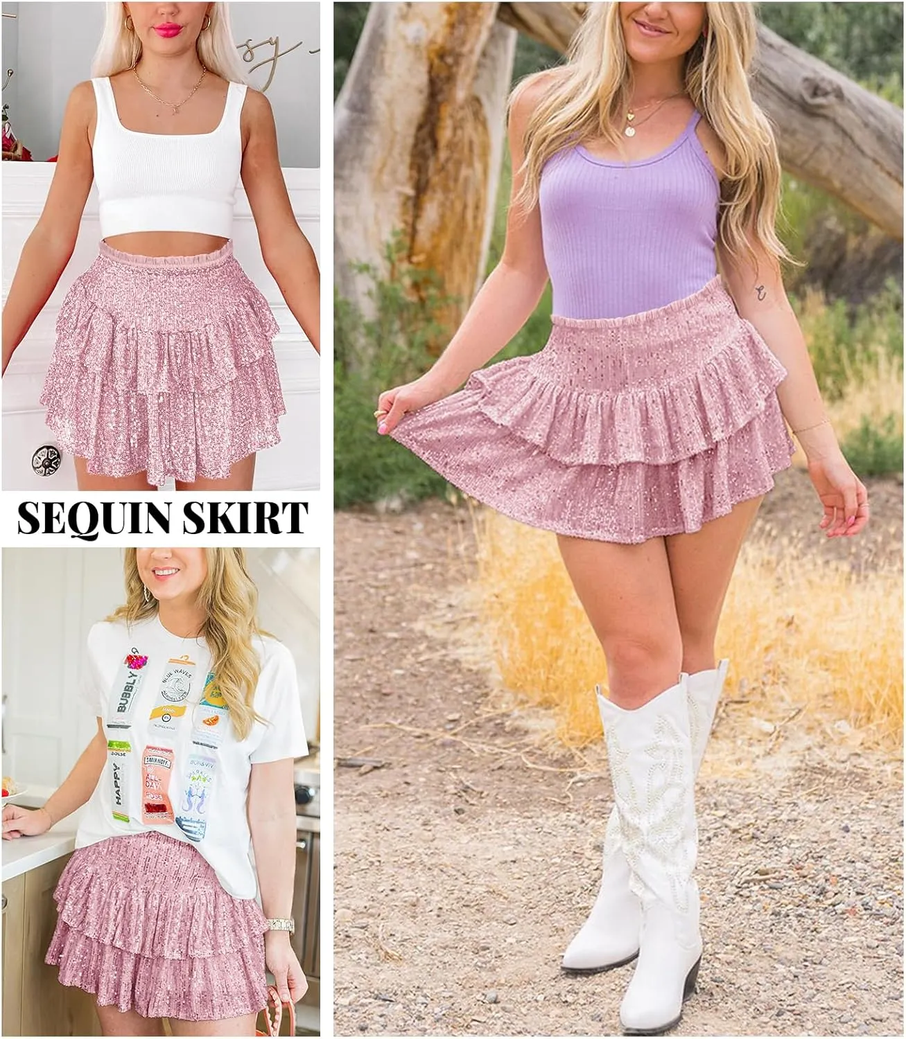 Women Sequin Skirt Sparkly Cute High Waist Ruffle Flowy Shiny Glitter Mini Short Skirts Night Out Club Party