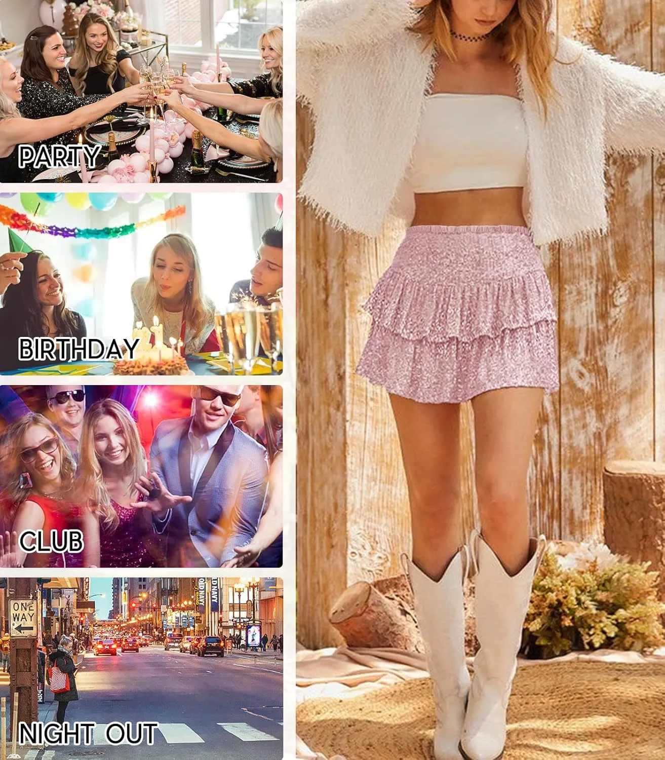 Women Sequin Skirt Sparkly Cute High Waist Ruffle Flowy Shiny Glitter Mini Short Skirts Night Out Club Party