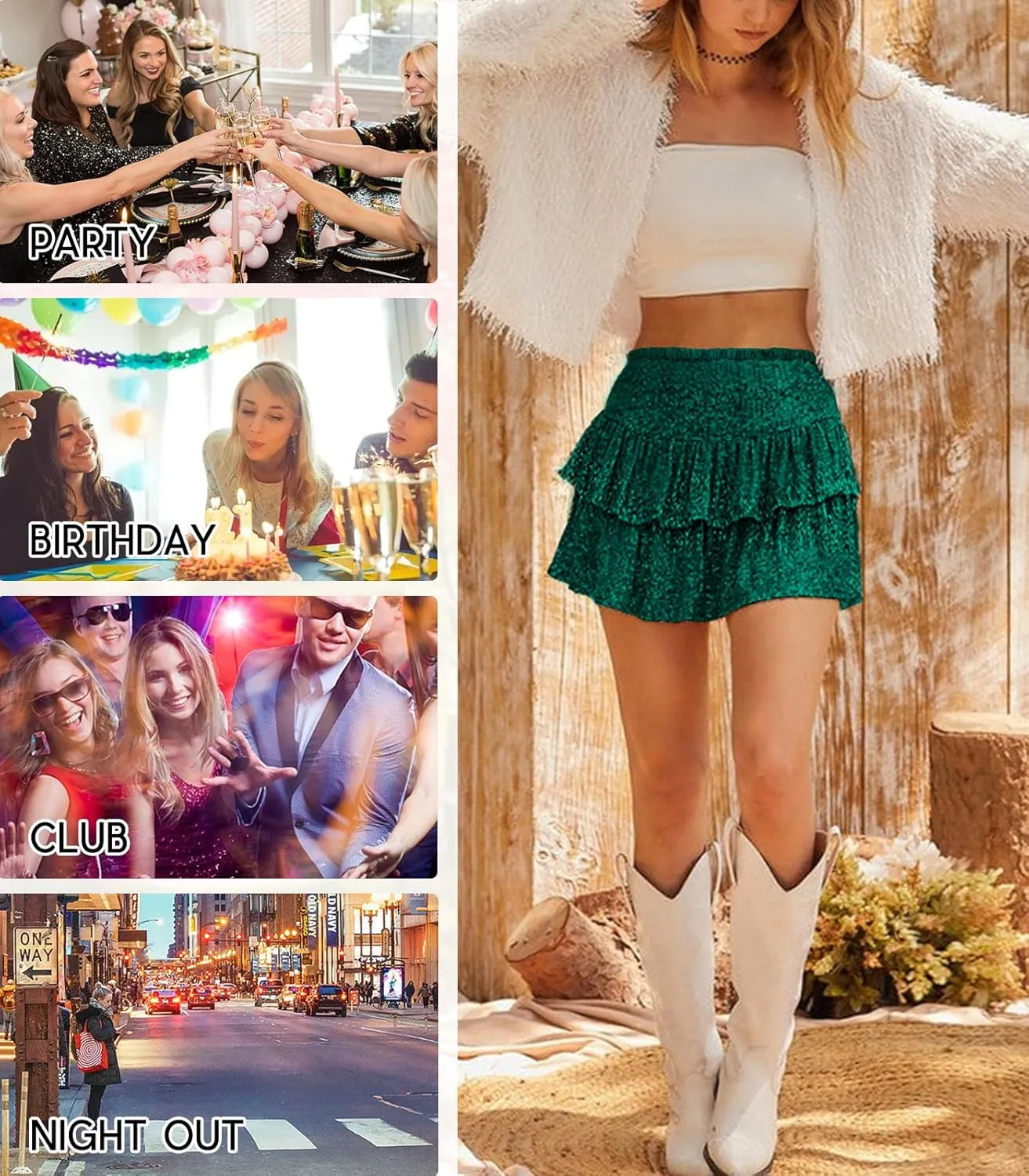 Women Sequin Skirt Sparkly Cute High Waist Ruffle Flowy Shiny Glitter Mini Short Skirts Night Out Club Party