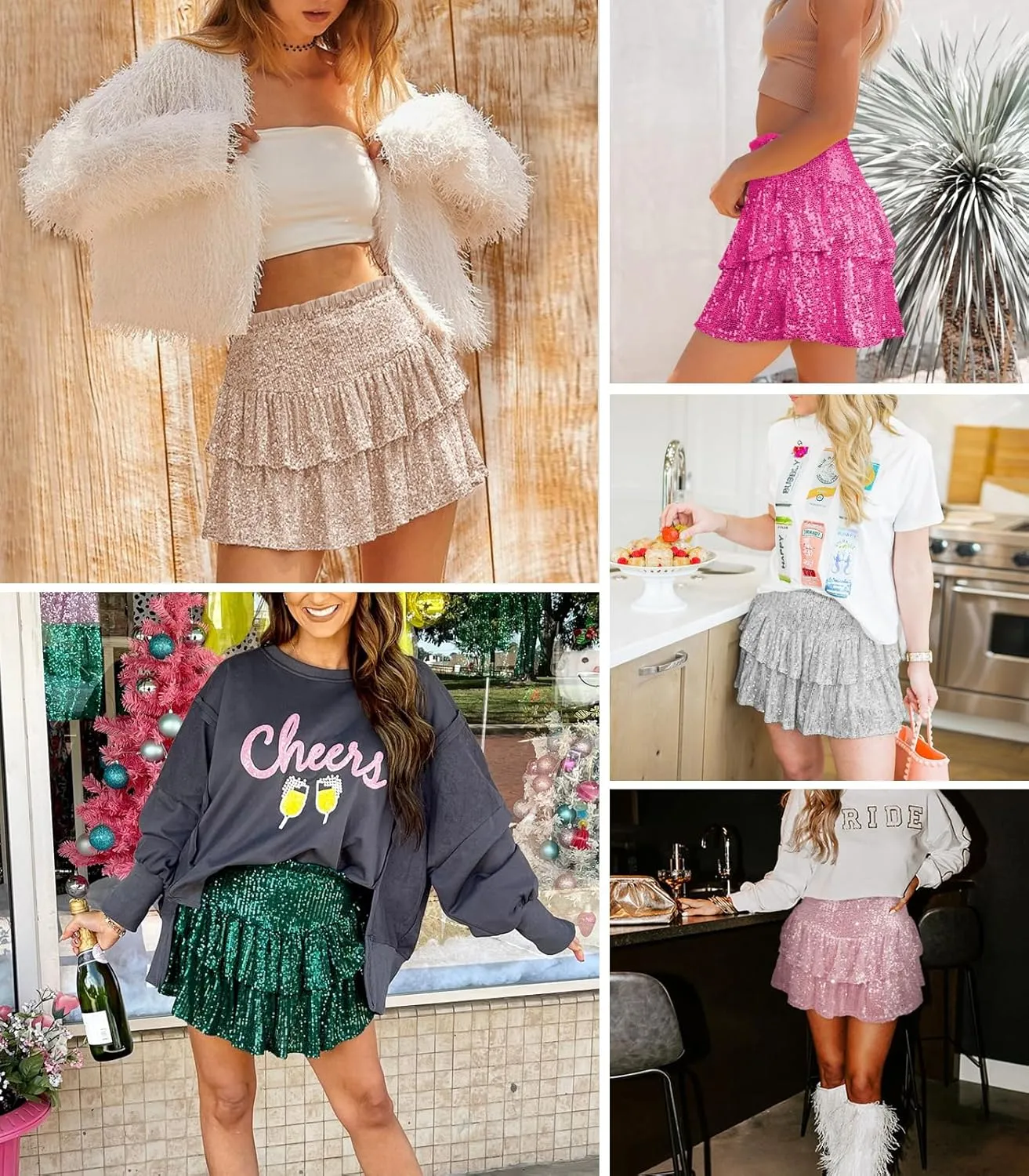Women Sequin Skirt Sparkly Cute High Waist Ruffle Flowy Shiny Glitter Mini Short Skirts Night Out Club Party