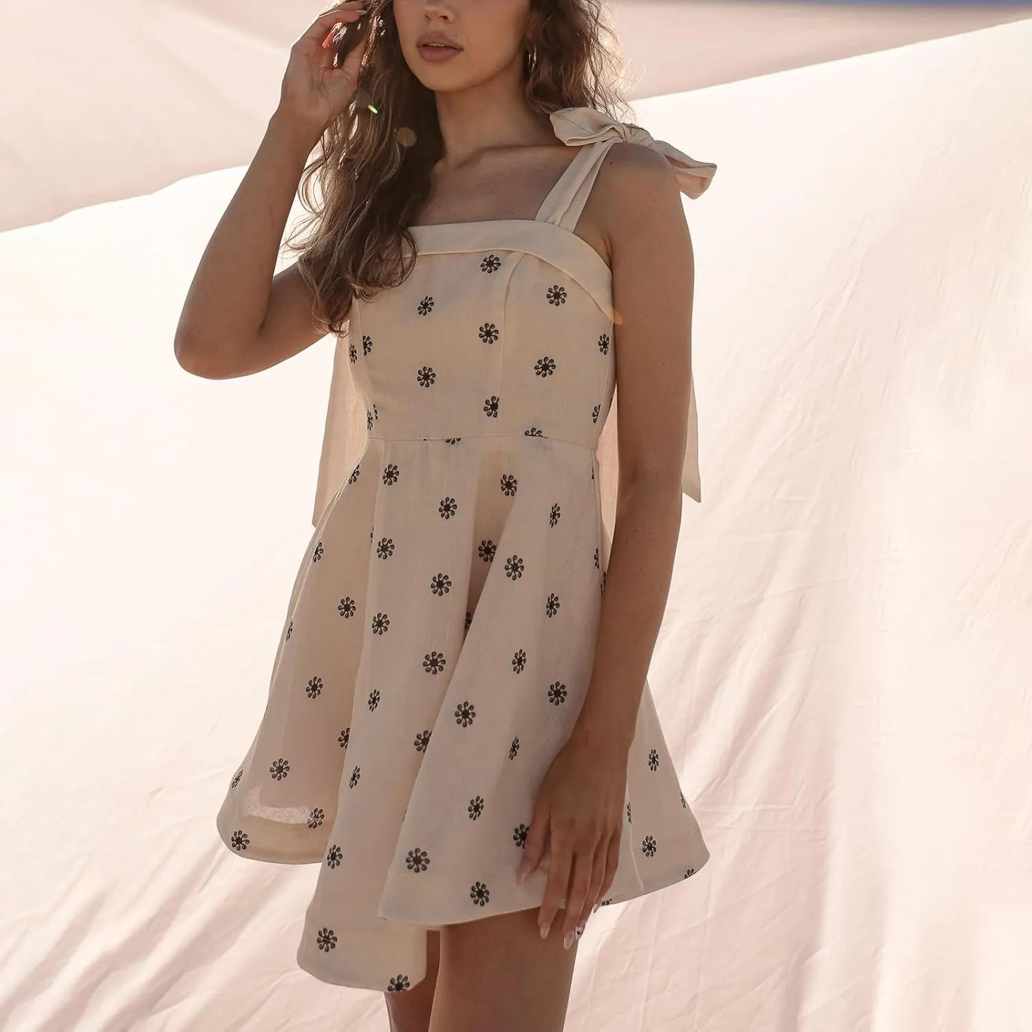 Women Y2k Tie Shoulder Mini Dress Floral Ruffle Flowy Babydoll Dress Summer Cute Bow Strap Boho Short Dresses