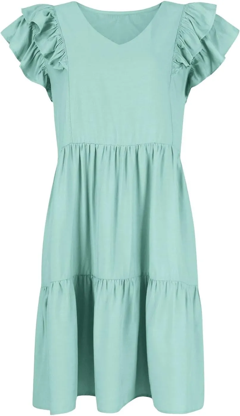 Womens 2024 Summer V-Neck Sleeveless Ruffle Fashion Casual Fit Flowy Tiered Boho Swing Mini Beach Vacation Sundress