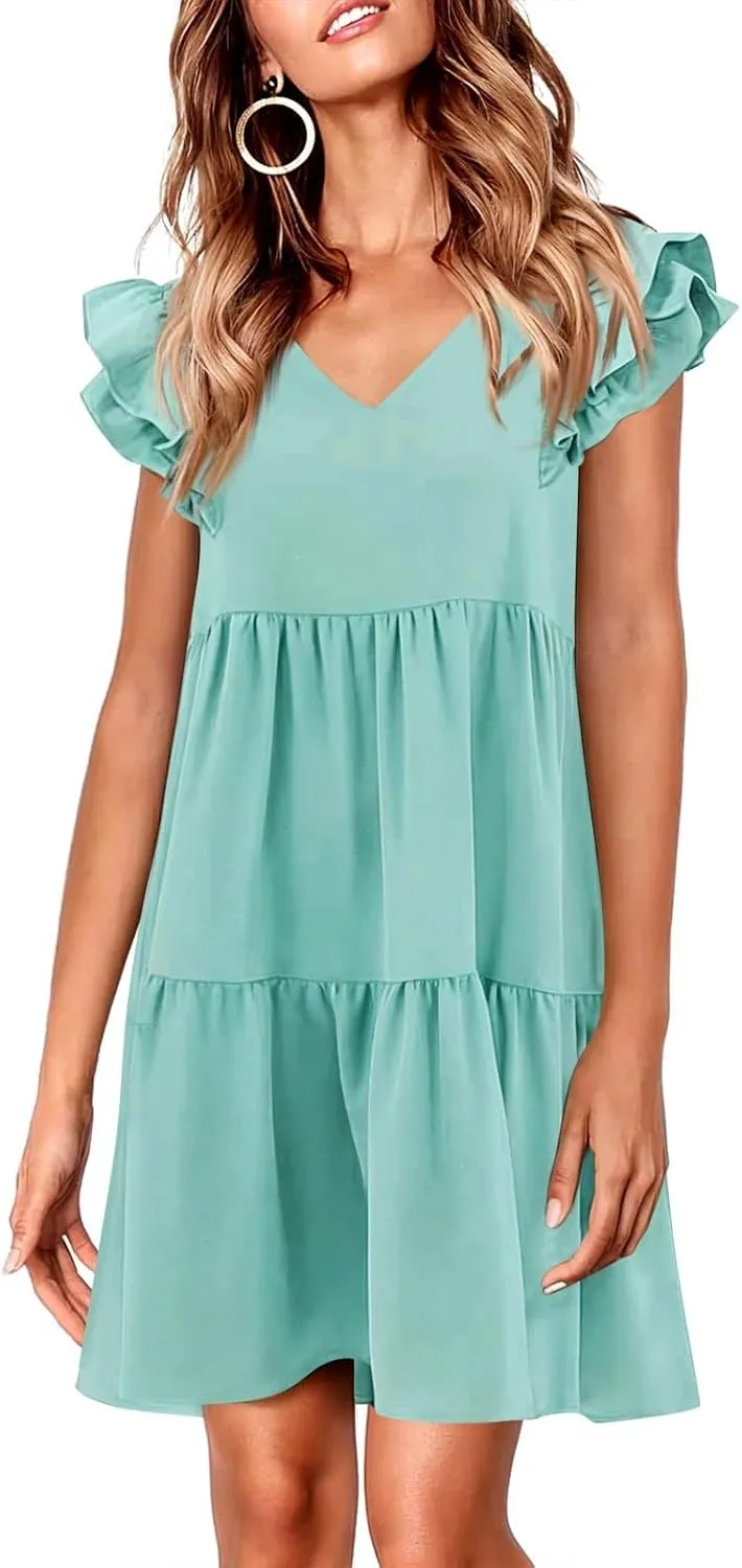 Womens 2024 Summer V-Neck Sleeveless Ruffle Fashion Casual Fit Flowy Tiered Boho Swing Mini Beach Vacation Sundress