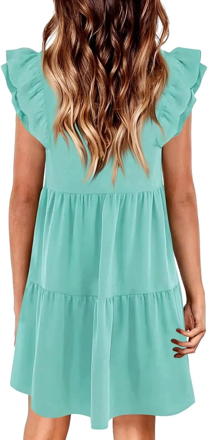 Womens 2024 Summer V-Neck Sleeveless Ruffle Fashion Casual Fit Flowy Tiered Boho Swing Mini Beach Vacation Sundress