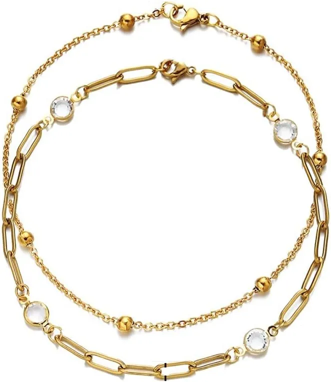 Women's Anklet Stainless Steel Layered Crystal Anklet Summer Beach Anklets On Foot Ankle Bracelets For Women Leg Chain (25cm Gold Color- )