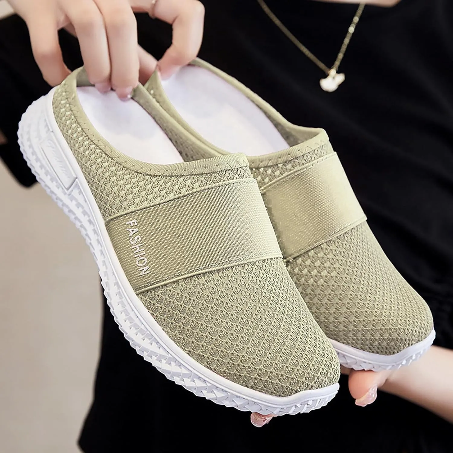 Womens Breathable Mesh Walking Sneakers Soft Backless Slip On Mules Slippers Shoes