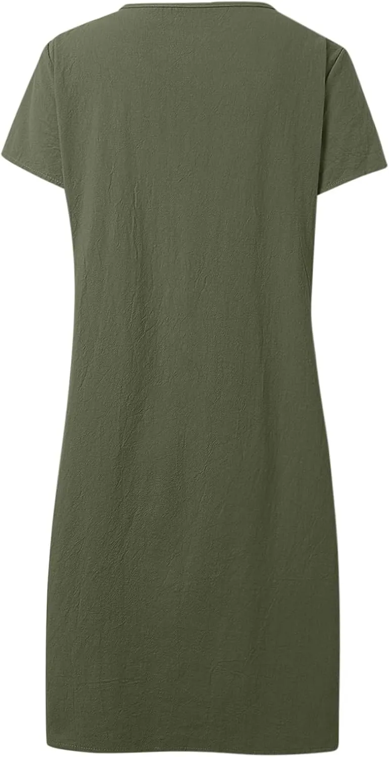 Women's Cotton Linen Midi Dress Plus Size Cap Sleeve Pleated Summer Dresses Vacation 2025 Crew Neck Casual Dress for Women
