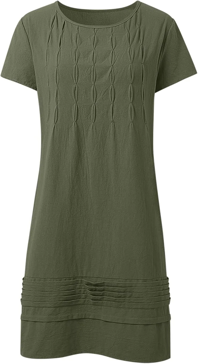 Women's Cotton Linen Midi Dress Plus Size Cap Sleeve Pleated Summer Dresses Vacation 2025 Crew Neck Casual Dress for Women