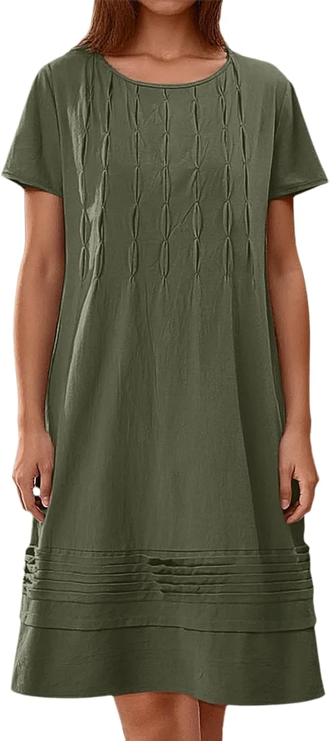 Women's Cotton Linen Midi Dress Plus Size Cap Sleeve Pleated Summer Dresses Vacation 2025 Crew Neck Casual Dress for Women