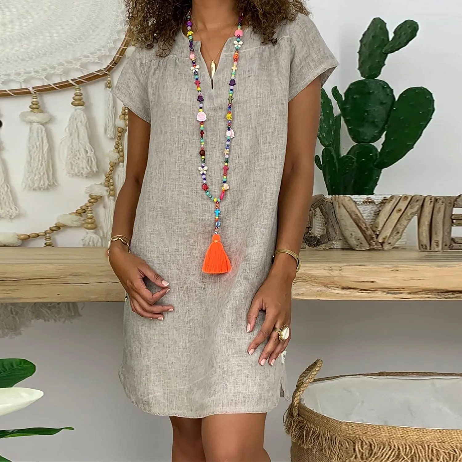 Women's Cotton Linen Midi Dress V Neck Short Sleeve Causal Loose Tshirt Dresses Summer Split 2025 Plus Size Dress