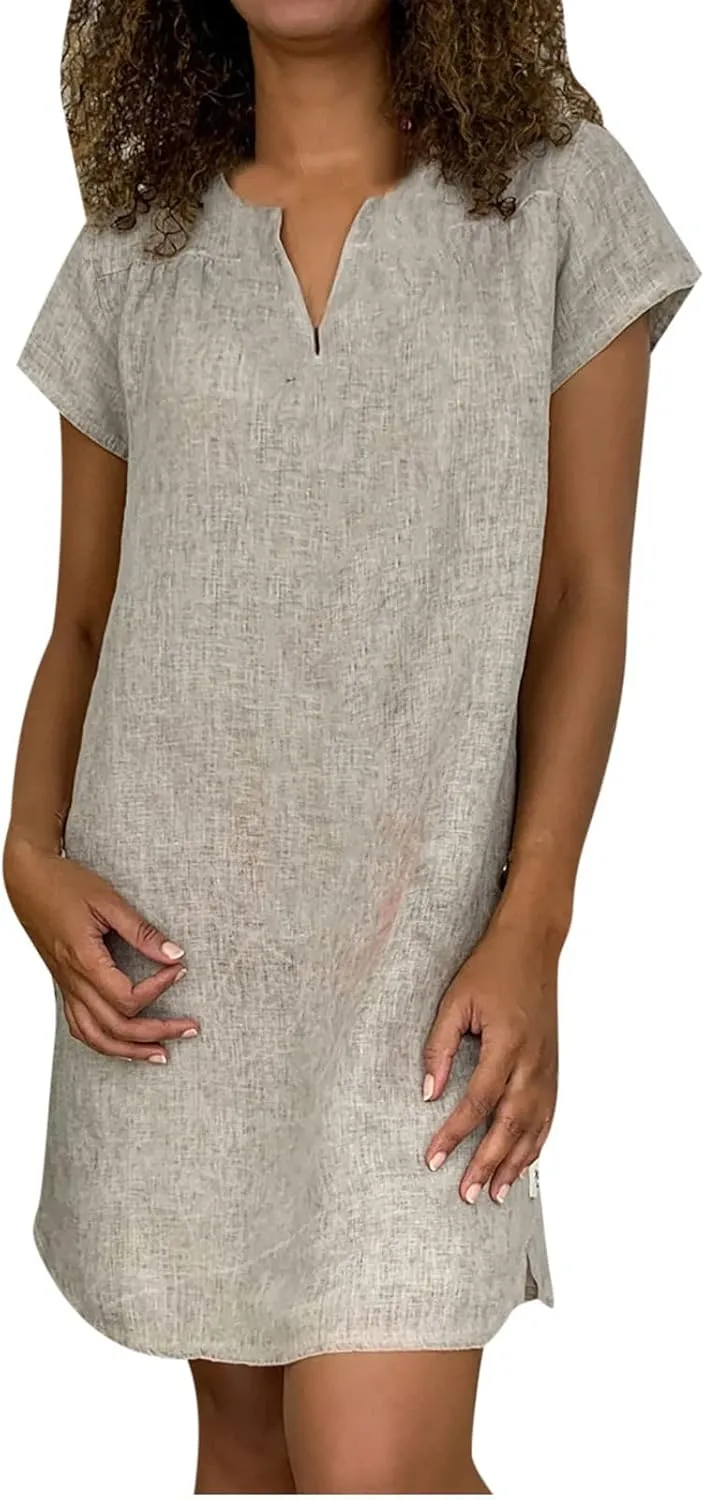 Women's Cotton Linen Midi Dress V Neck Short Sleeve Causal Loose Tshirt Dresses Summer Split 2025 Plus Size Dress