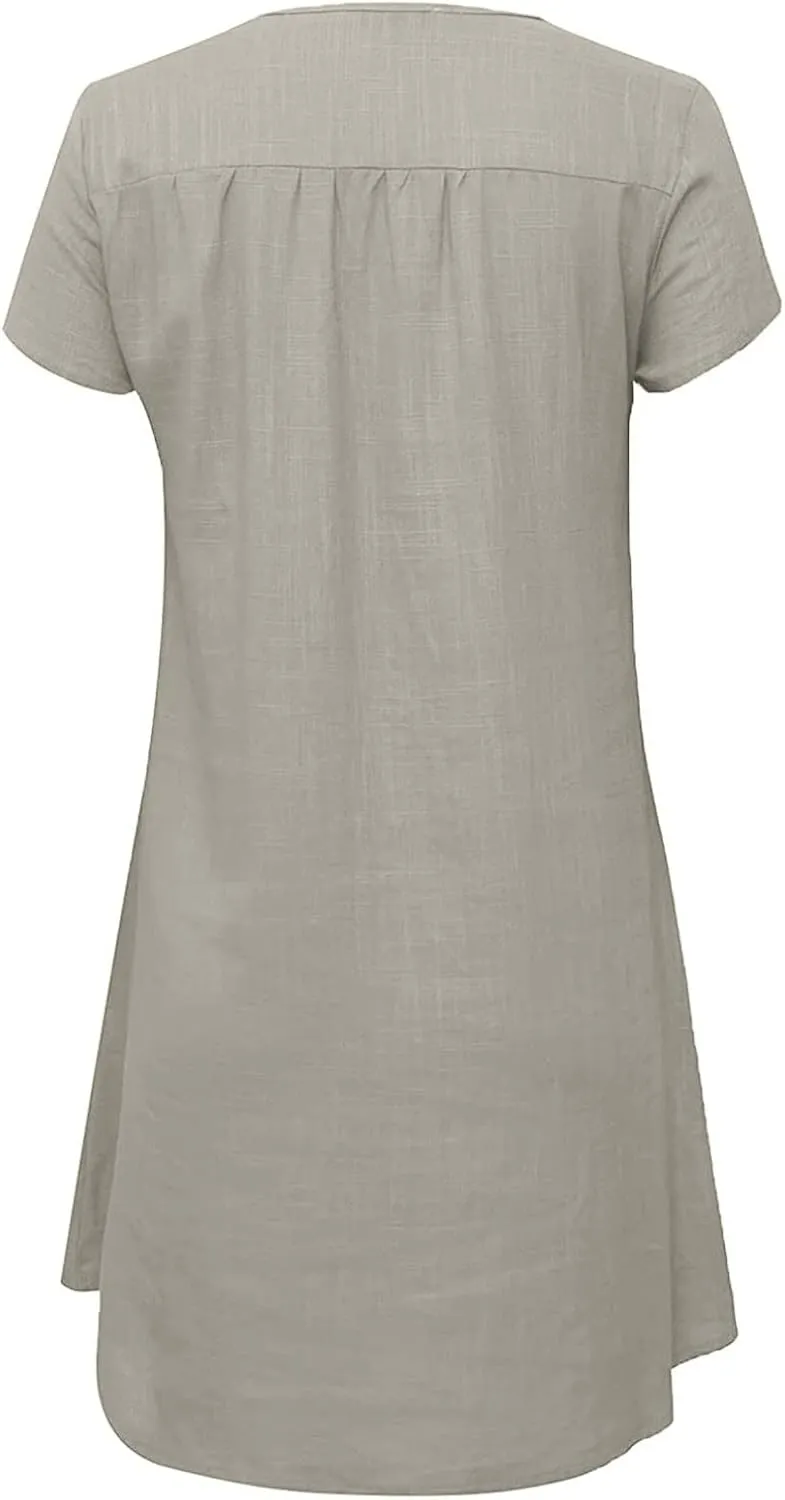 Women's Cotton Linen Midi Dress V Neck Short Sleeve Causal Loose Tshirt Dresses Summer Split 2025 Plus Size Dress