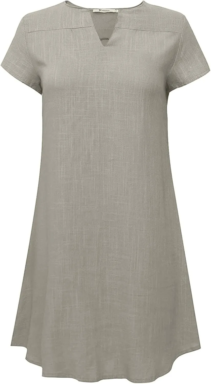 Women's Cotton Linen Midi Dress V Neck Short Sleeve Causal Loose Tshirt Dresses Summer Split 2025 Plus Size Dress