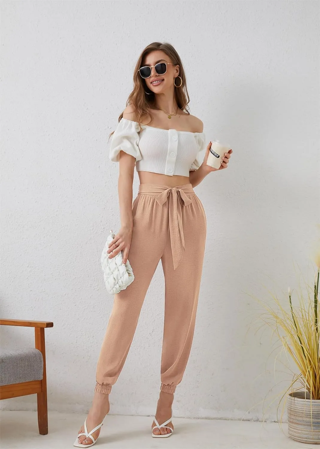 Womens High Waist Dressy Joggers Bow-Knot Loose Business Casual Pants for Work Tapered Trousers with Pockets