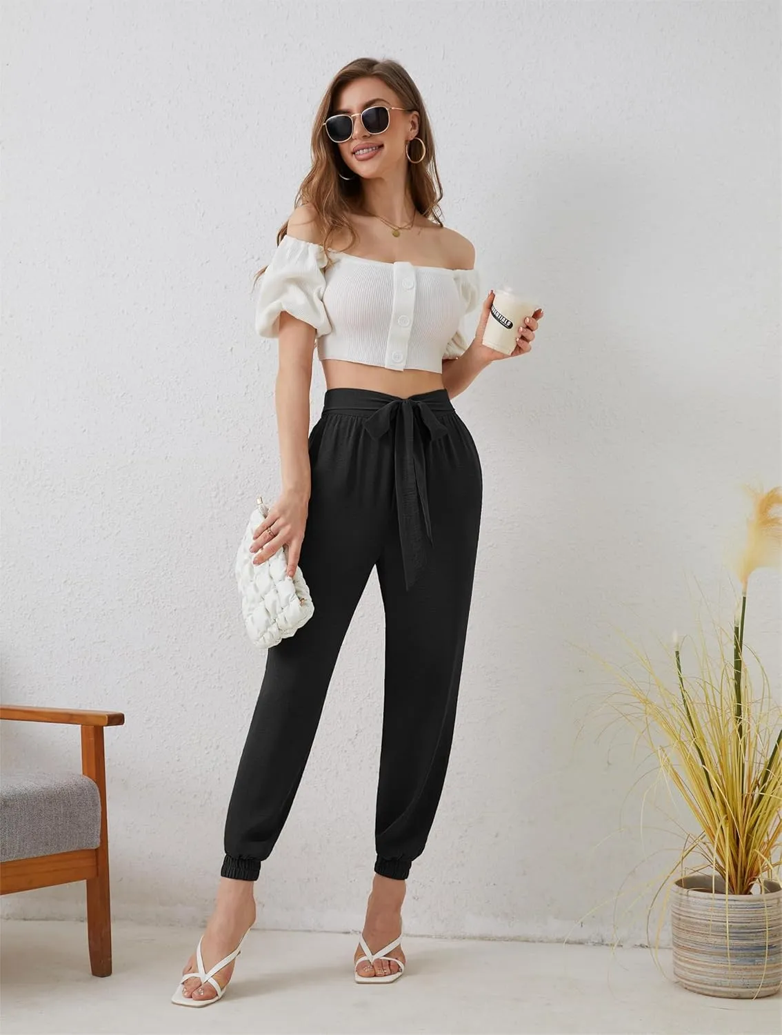 Womens High Waist Dressy Joggers Bow-Knot Loose Business Casual Pants for Work Tapered Trousers with Pockets