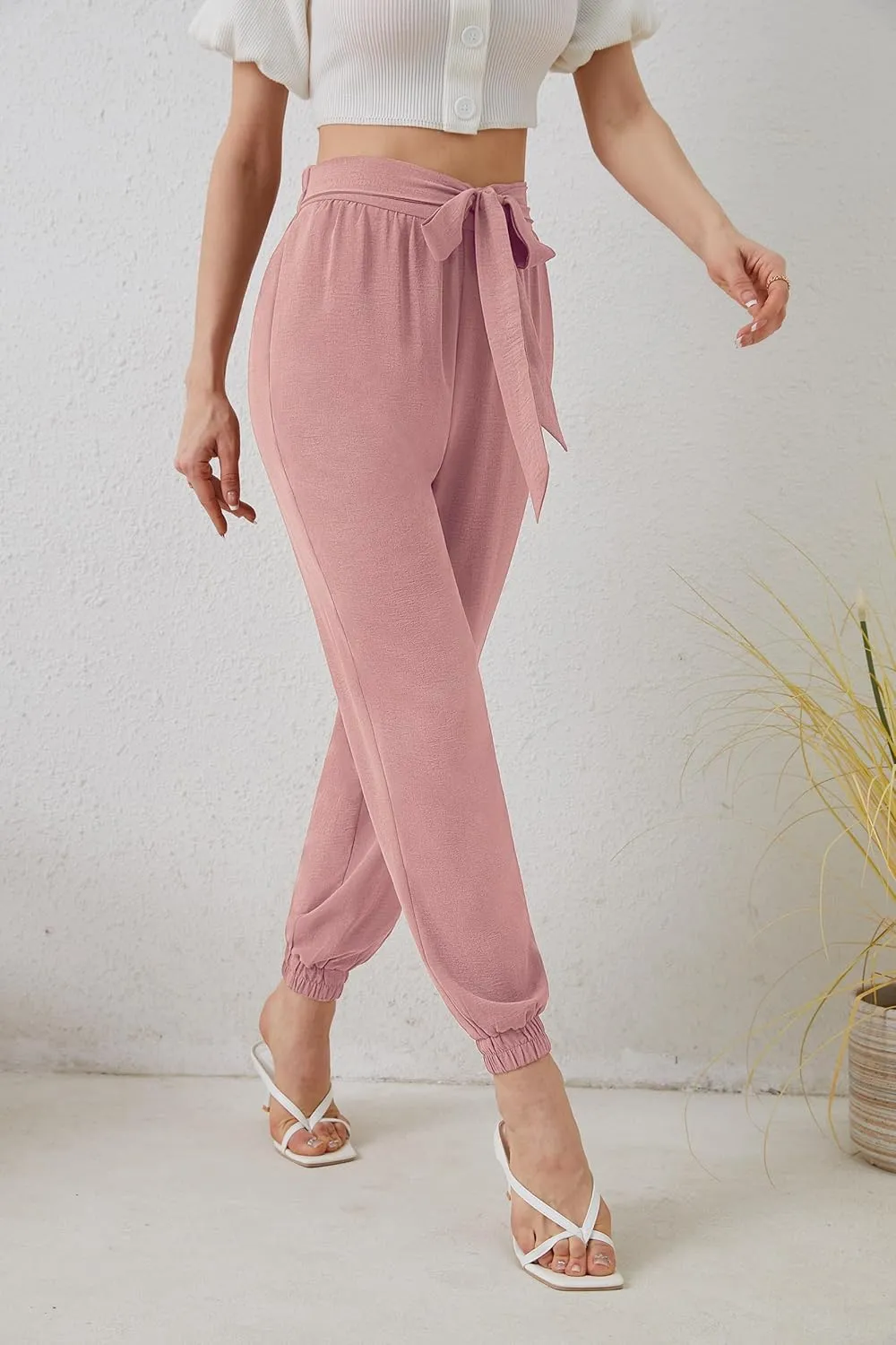 Womens High Waist Dressy Joggers Bow-Knot Loose Business Casual Pants for Work Tapered Trousers with Pockets