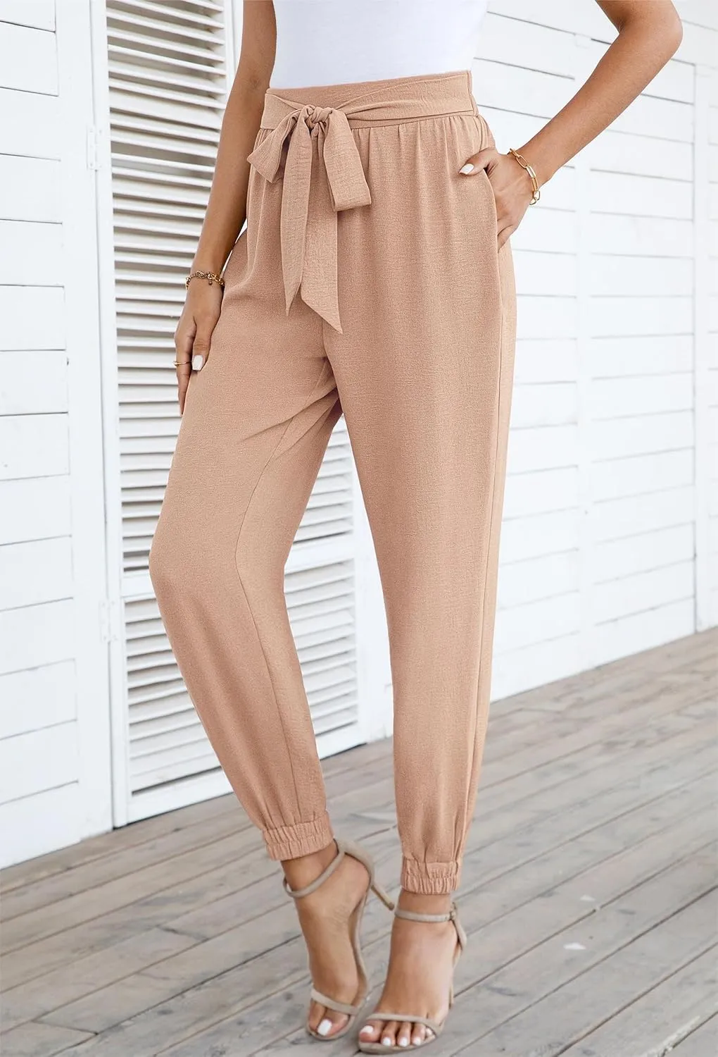 Womens High Waist Dressy Joggers Bow-Knot Loose Business Casual Pants for Work Tapered Trousers with Pockets