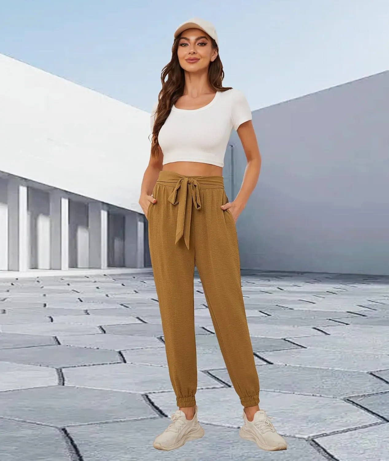 Womens High Waist Dressy Joggers Bow-Knot Loose Business Casual Pants for Work Tapered Trousers with Pockets